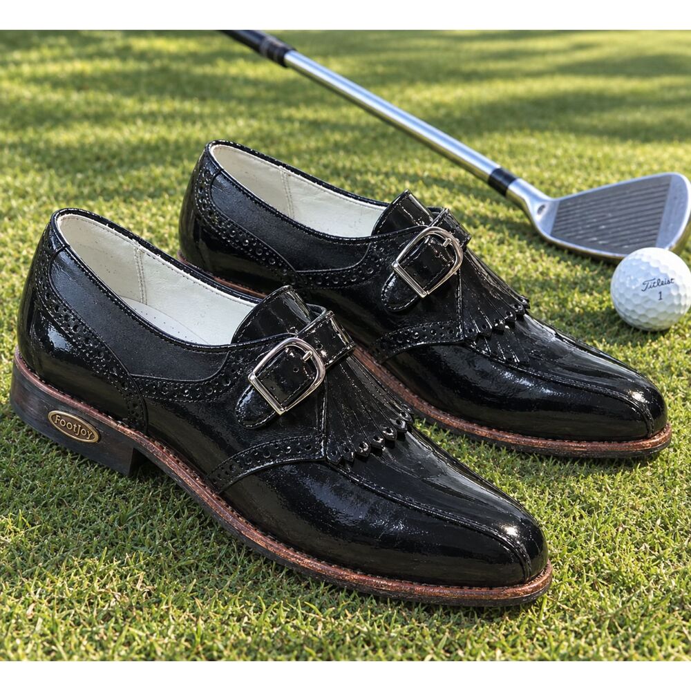 FootJoy Black Glossy Kiltie Golf Shoes MONK Strap Buckle size 6.5